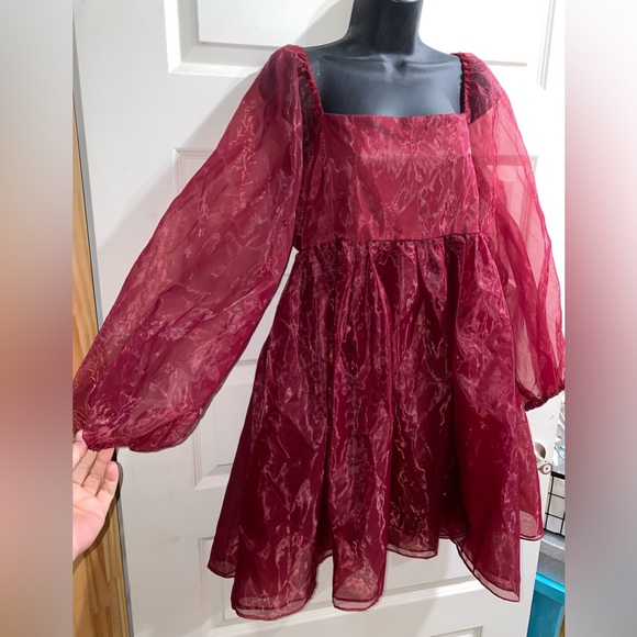 Altar'd State Women's Maroon Liz Babydoll Puff Sleeve Dress Size Large NWOT. - Picture 5 of 10